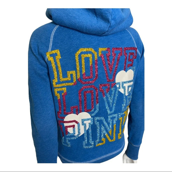 🛍️3/$40 PINK Victoria’s Secret Glitter Hoodie  Turquoise Size XS - Picture 7 of 7